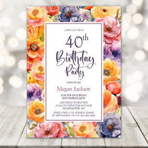 Orange Pink Floral 40. Geburtstag Party Einladung