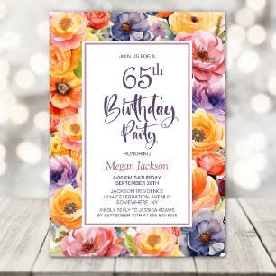 Orange Pink Floral 65. Geburtstagsparty Einladung