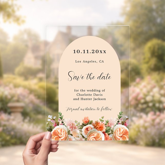 Orange pink floral arch wedding Save the Date Card Acryleinladungen (Von Creator hochgeladen)