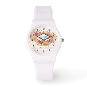 Orange & Pink Floral Bouquet mit Diamantrahmen Armbanduhr