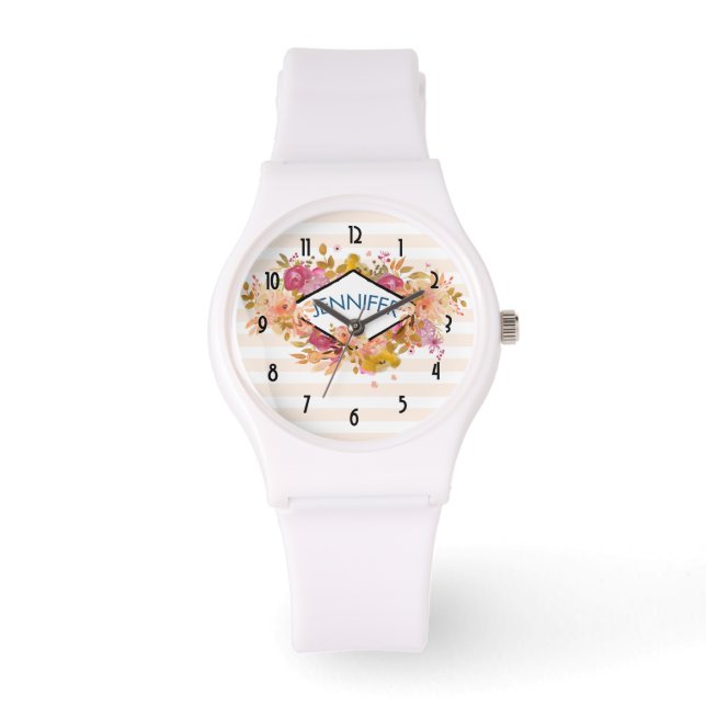 Orange & Pink Floral Bouquet mit Diamantrahmen Armbanduhr (Vorderseite)