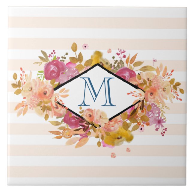 Orange & Pink Floral Bouquet mit Diamantrahmen Fliese (Vorderseite)