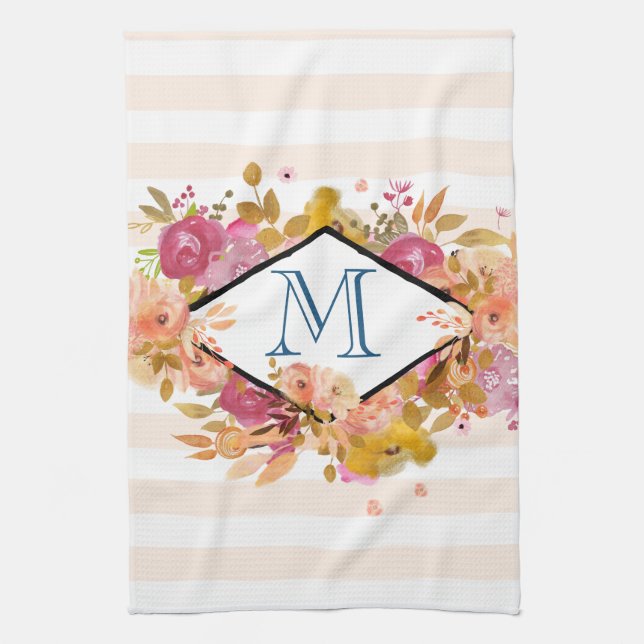 Orange & Pink Floral Bouquet mit Diamantrahmen Geschirrtuch (Vertikal)