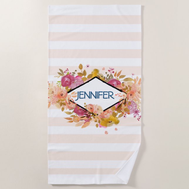 Orange & Pink Floral Bouquet mit Diamantrahmen Strandtuch (Vorderseite)