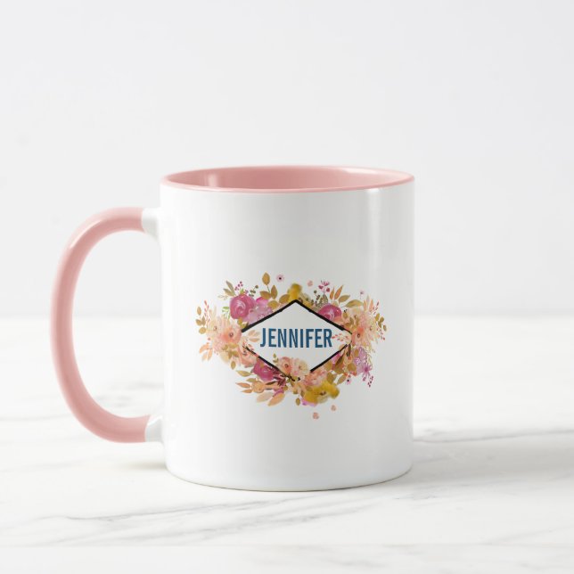 Orange & Pink Floral Bouquet mit Diamantrahmen Tasse (Links)