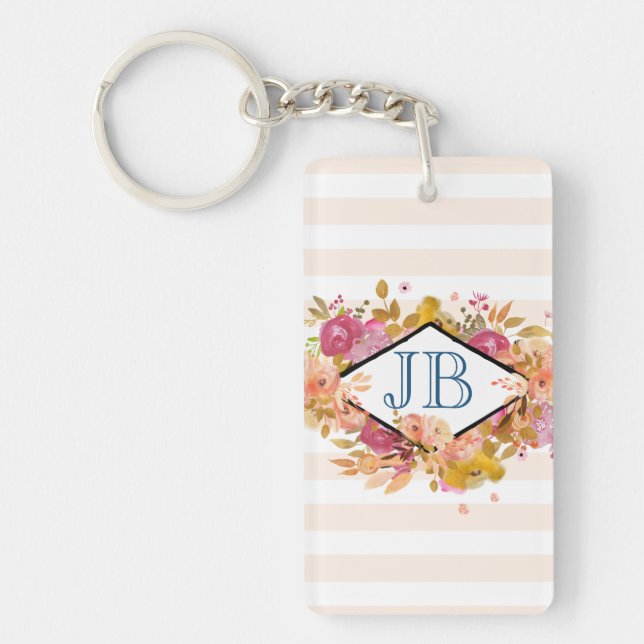 Orange & Pink Floral Bouquet Monogram Schlüsselanhänger (Vorderseite)
