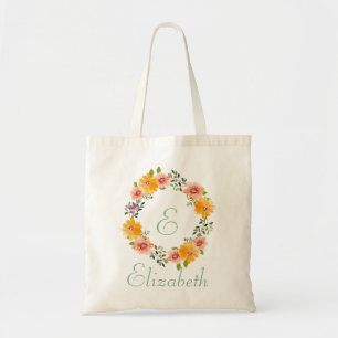Orange Pink Floral Bridesmaid Monogramm Name Tragetasche