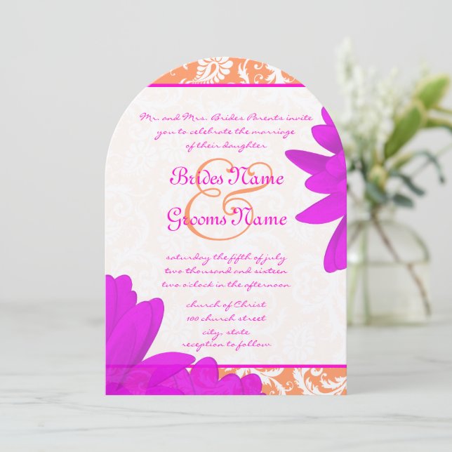 Orange Pink Floral Gerber Daisy Wedding Einladung (Stehend Vorderseite)