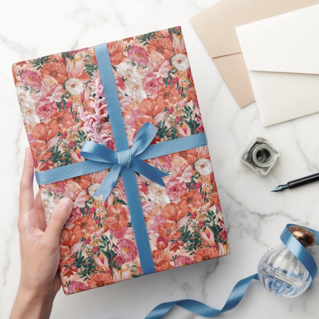 Orange Pink Floral Muster Geschenkpapier (Schenken)