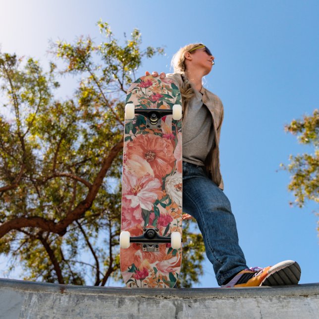 Orange Pink Floral Muster Skateboard (Außenbereich 1)