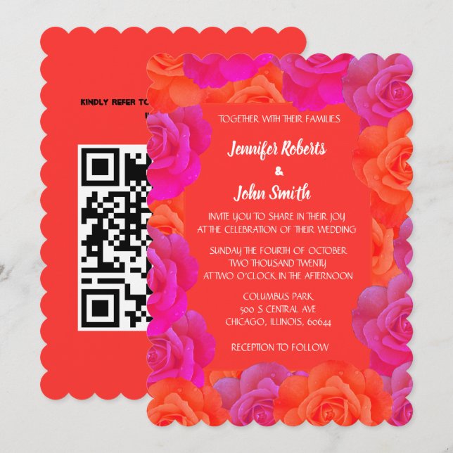 Orange Pink Floral Rose Muster QR Code Hochzeit Einladung (Vorne/Hinten)