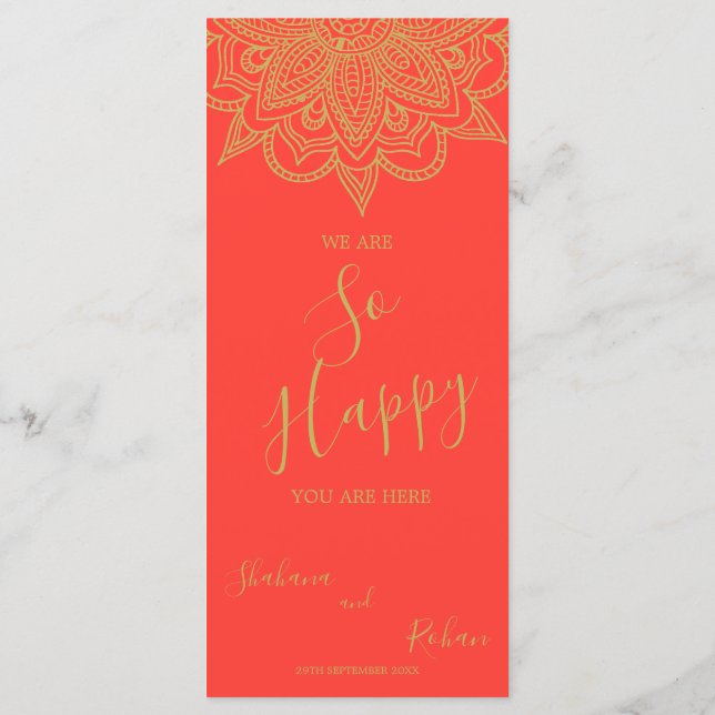 Orange Pink Gold Colour Chic Hochzeit im indischen Menükarte (Rückseite)