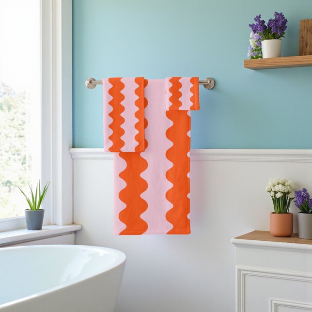 Orange Pink Groovy Stripe Minimalistischer Frühlin Badhandtuch Set (Orange Pink Groovy Stripe Minimalist Spring Summer Bath Towel Set)