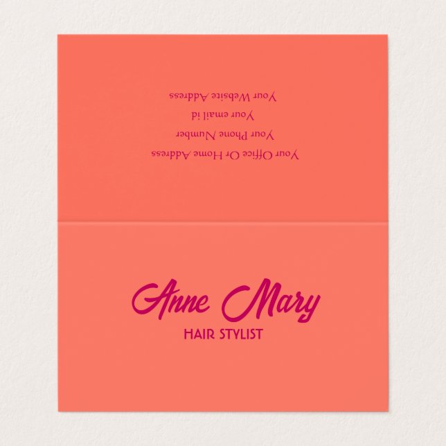 Orange Pink Moderne Bold Script Salon Haare Stylis Visitenkarten (Außenseite Aufgefaltet)