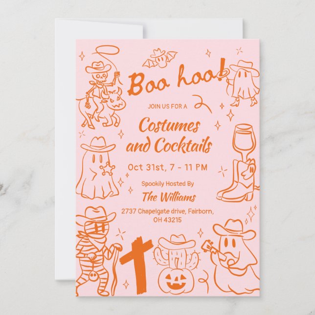 Orange Pink Quirky Hand Drawn Cowboy Halloween Einladung (Vorderseite)