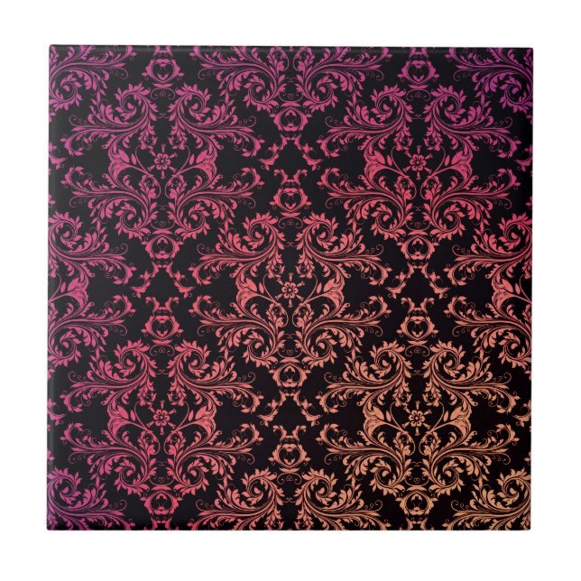 Orange Pink Schwarzes Damaskusmuster Fliese (Vorderseite)
