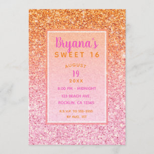 Orange-Pink-Sonnenuntergangs-Glitter-Süße-16-Gebur Einladung