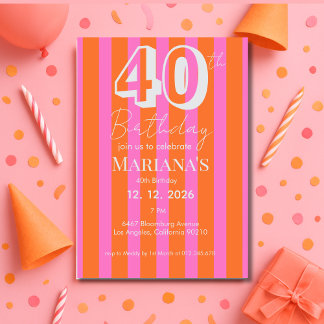  Orange Pink Stripes Modern Scripted Birthday  Einladung