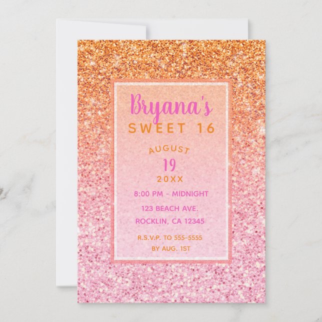 Orange Pink Sunset Glitzer Sweet 16 Birthday Party Einladung (Vorderseite)
