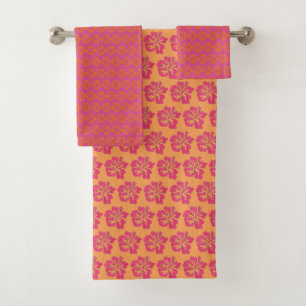 Orange Pink Tropical Hibiskus Blume Blossom Printw Badhandtuch Set