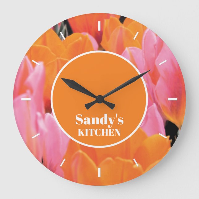 Orange & Pink Tulip Foto Personalisiert Große Wanduhr (Vorderseite)