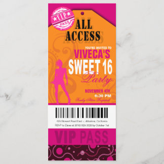 Orange, Pink und Fuschia VIP Sweet 16 Ticket Einladung
