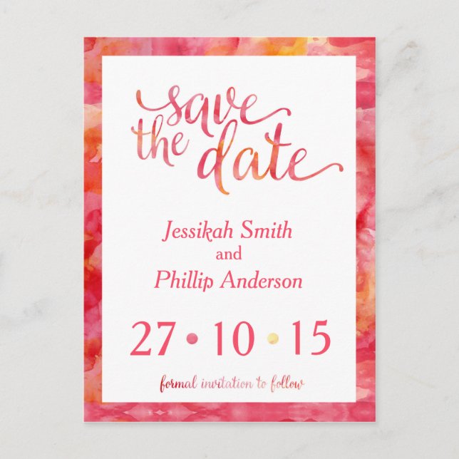 Orange Pink Wasserfarbe Save the Date Ankündigungspostkarte (Vorderseite)