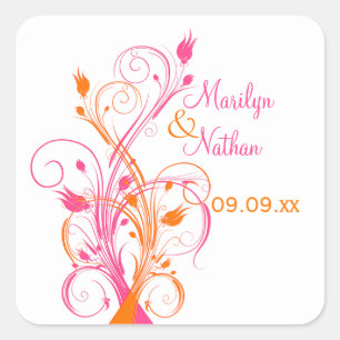 Orange Pink White Floral 1,5" Hochzeitsaufkleber Quadratischer Aufkleber