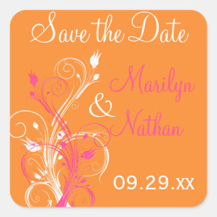 Orange Pink White Floral Save the Date Aufkleber