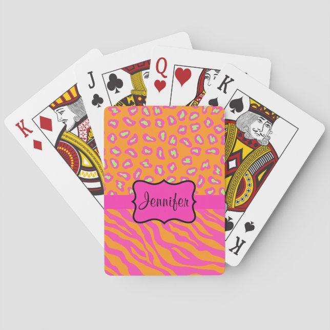 Orange & Pink Zebra & Cheetah Personalisiert Spielkarten (Rückseite)