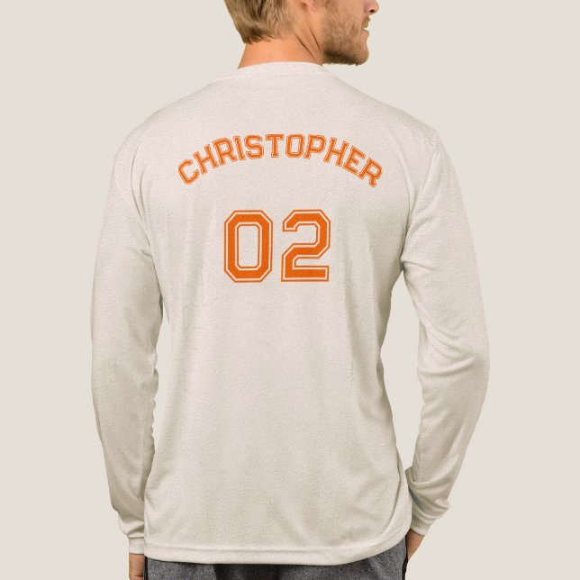 Orange Player Name Jersey Number Mens Long Sleeve Tri-Blend Shirt (Rückseite)