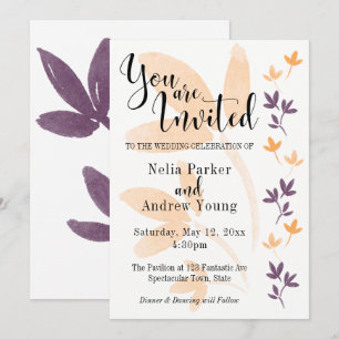Orange & Plum Blätter Hübsch Typografie Hochzeit Einladung