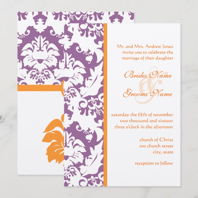 Orange & Plum Damask Hochzeitseinladungen Einladung (Vorne/Hinten)