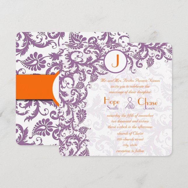 Orange Plum Damask Monogram Wedding Einladung (Vorne/Hinten)