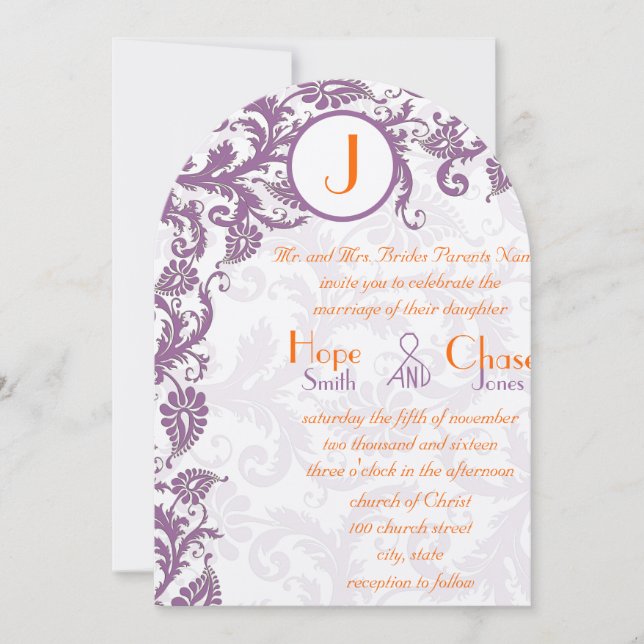 Orange Plum Damask Monogram Wedding Einladung (Vorderseite)