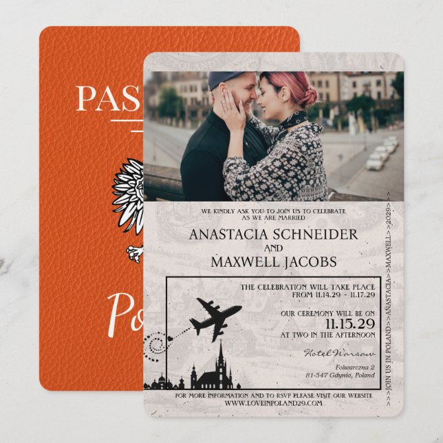Orange Poland Passport Wedding Einladung (Vorne/Hinten)