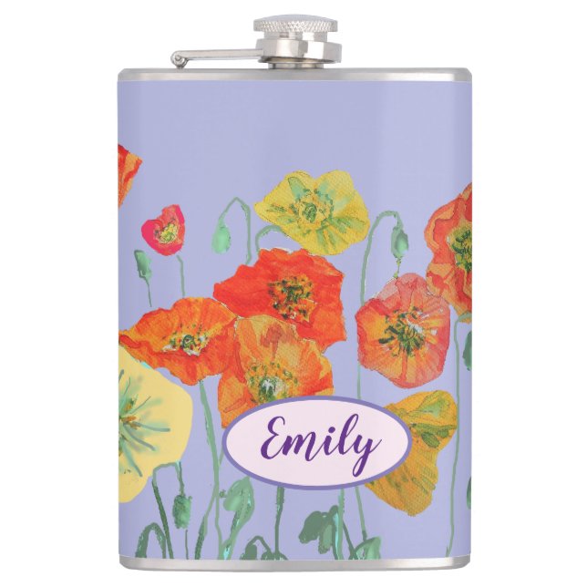 Orange Poppies Blumenkohl Blume Pastel lila Lilac Flachmann (Vorderseite)