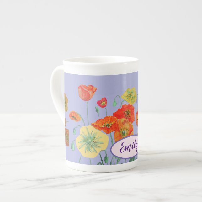Orange Poppies Blumenkohl Blume Pastel lila Lilac Prozellantasse (Vorderseite Links)
