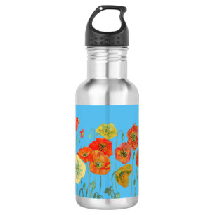 Orange Poppies Blumenkohl Blume Pastellblau Edelstahlflasche