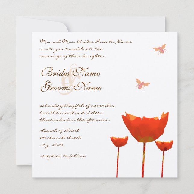 Orange Poppies & Bumble Bees Hochzeitseinladung Einladung (Vorderseite)