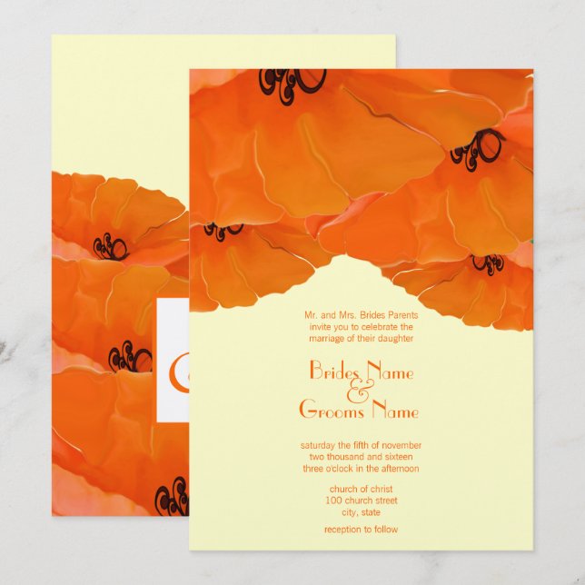 Orange Poppies Hochzeitseinladung Einladung (Vorne/Hinten)