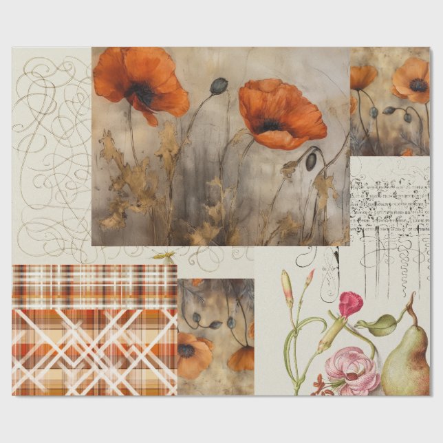Orange Poppies & Kariert für Decoupage oder Giftwr Geschenkpapier (Flach)