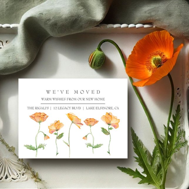 Orange Poppies New Home Moving Faire-part (New address business cards watercolor orange poppy art by Victoria Grigaliunas VG Invites)