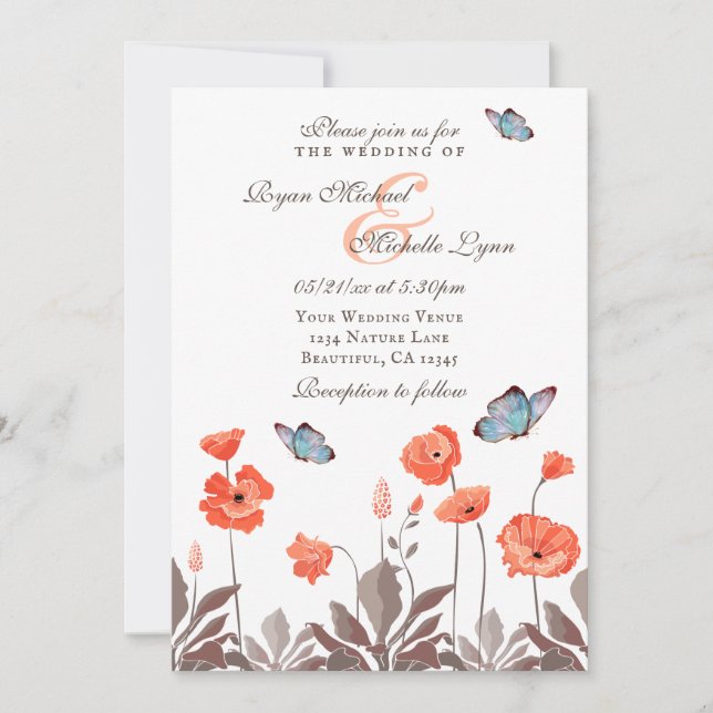 Orange Poppies und Blue Butterflies Blumenhochzeit Einladung (Vorderseite)