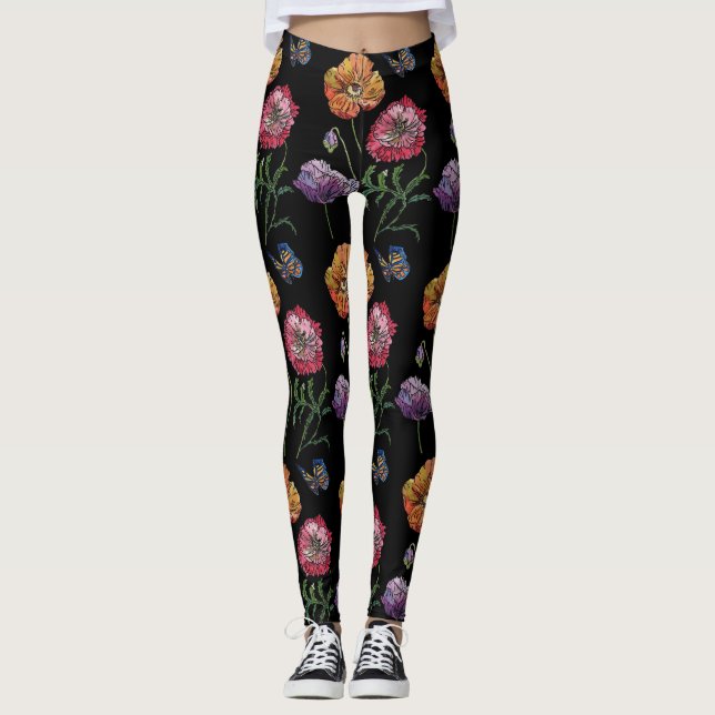 Orange Poppy Black Floral Aquarelle Leggings (Devant)