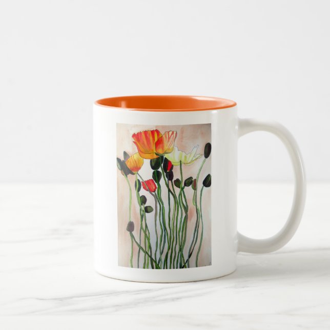 Orange Poppy Blume Aquarellkunst Zweifarbige Tasse (Rechts)