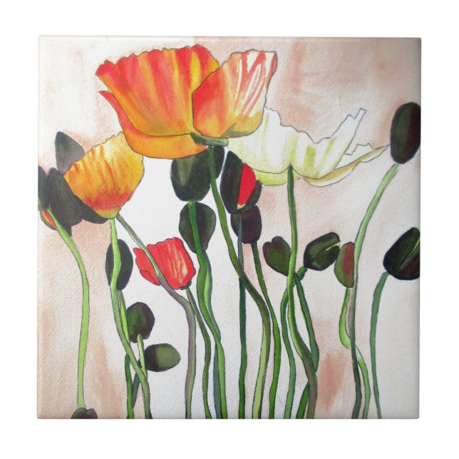 Orange Poppy Blume Aquarellmalerei Fliese (Vorderseite)