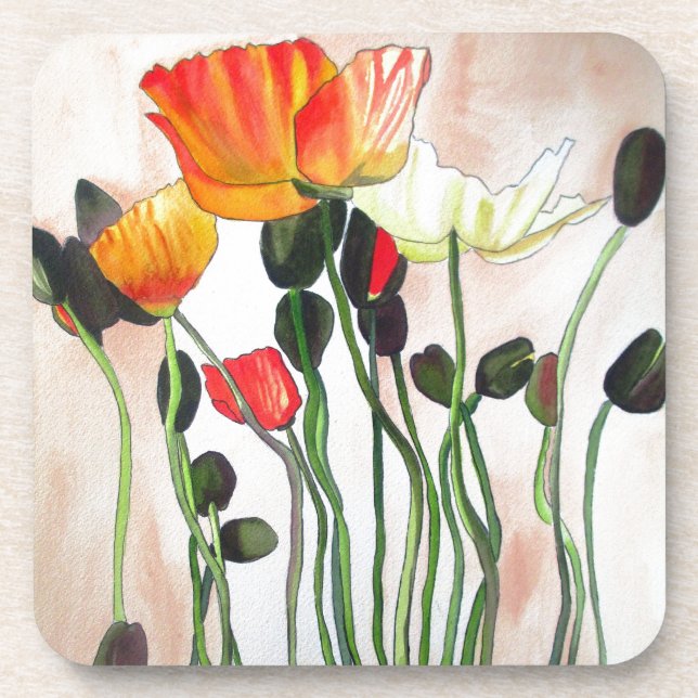 Orange Poppy Blume Aquarellmalerei Untersetzer (Vorderseite)