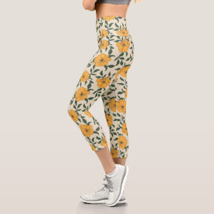 Orange Poppy Blume Pattern Capri Leggings