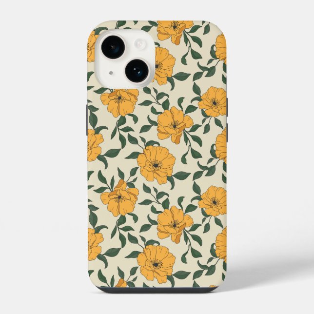 Orange Poppy Blume Pattern iPhone 14 Hülle (Rückseite)